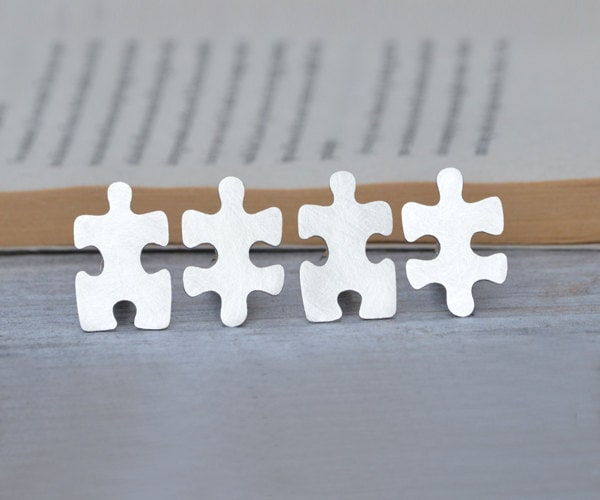 Jigsaw Puzzle Cufflinks in Sterling Silver, Jigsaw Puzzle Cufflinks with Personalized Message