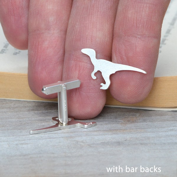 Velociraptor Cufflinks in Sterling Silver, Personalized Dinosaur Cufflinks