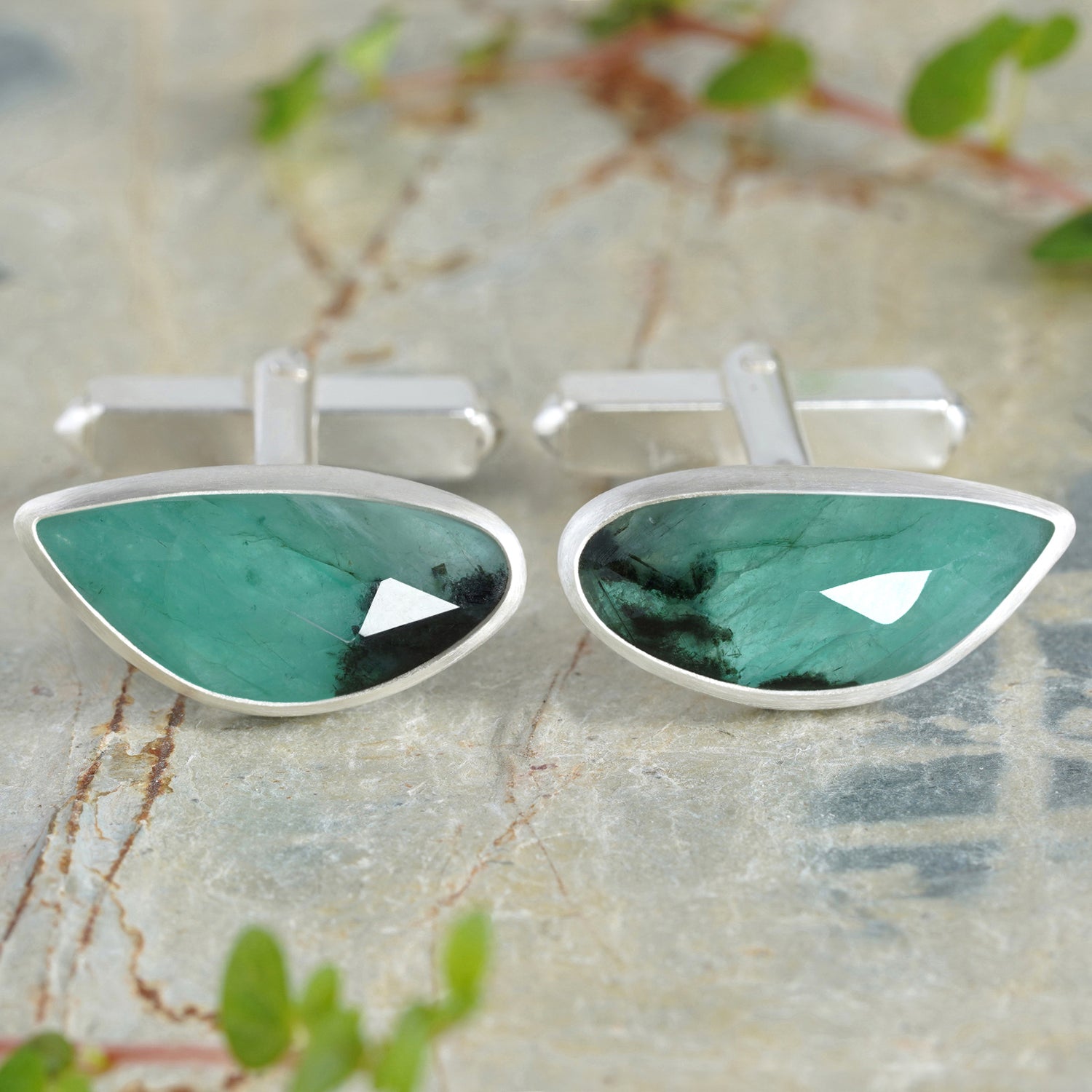 Natural Emerald Cufflinks in Sterling Silver by Huiyi Tan