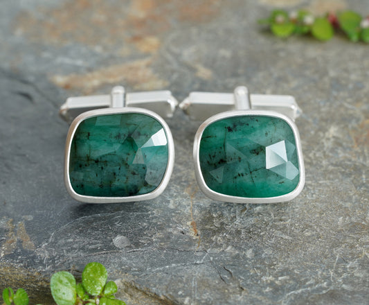 10ct Natural Emerald Cufflinks in Solid Sterling Silver