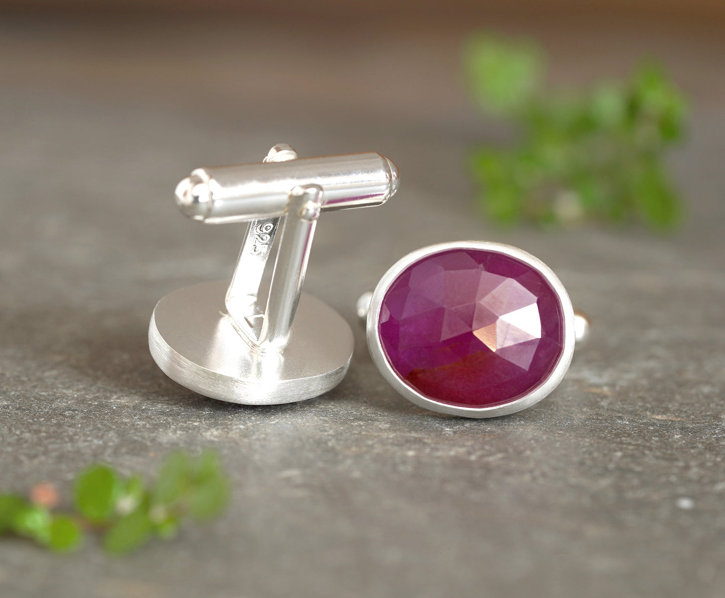 18ct Natural Pink Sapphire Cufflinks in Sterling Silver