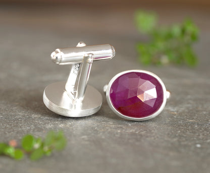 18ct Natural Pink Sapphire Cufflinks in Sterling Silver