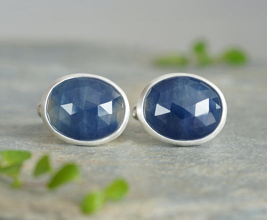 22ct Blue Sapphire Cufflinks Sterling Silver Oval Design