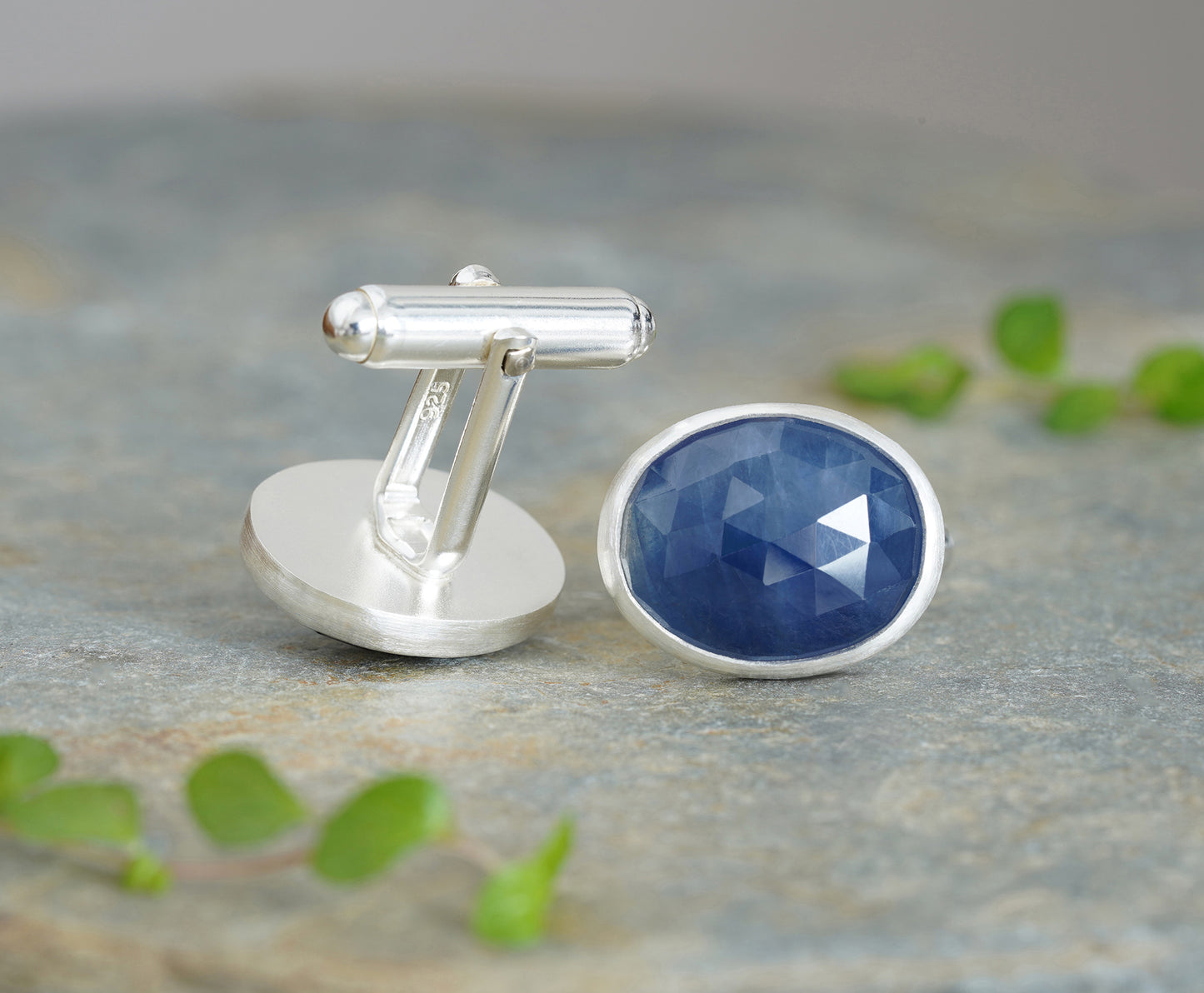22ct Blue Sapphire Cufflinks Sterling Silver Oval Design