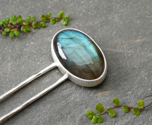 24ct Oval Labradorite Hairpin in Solid Sterling Silver