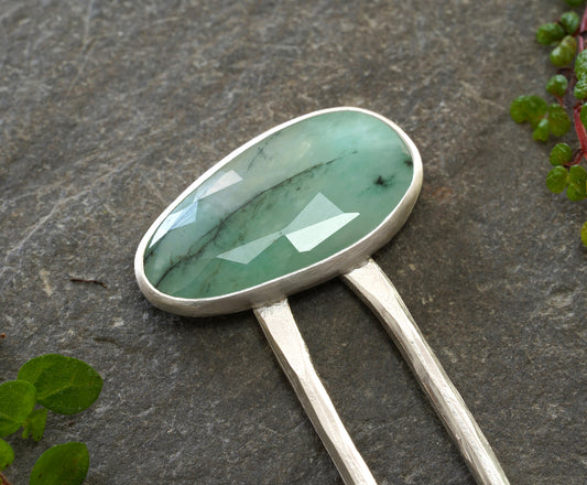 Oval Emerald Hair Stick in Solid Sterling Silver