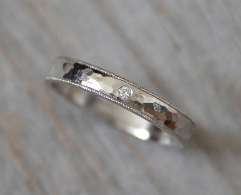 3mm Platinum Milgrain Wedding Band With A Diamond