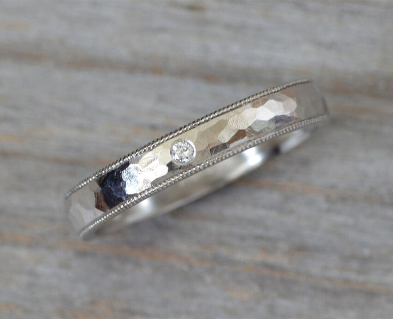 3mm Platinum Milgrain Wedding Band With A Diamond