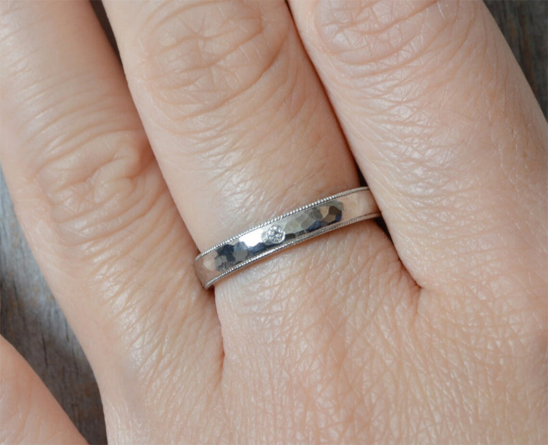 3mm Platinum Milgrain Wedding Band With A Diamond