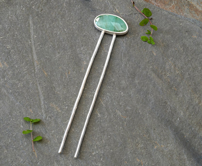 4.8ct Natural Emerald Hair Pin in Solid Sterling Silver