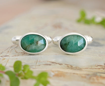 5ct Natural Emerald Cufflinks in Sterling Silver, Oval Gemstone Cufflinks