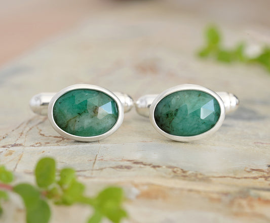 5ct Natural Emerald Cufflinks in Sterling Silver, Oval Gemstone Cufflinks