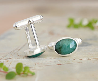 5ct Natural Emerald Cufflinks in Sterling Silver, Oval Gemstone Cufflinks