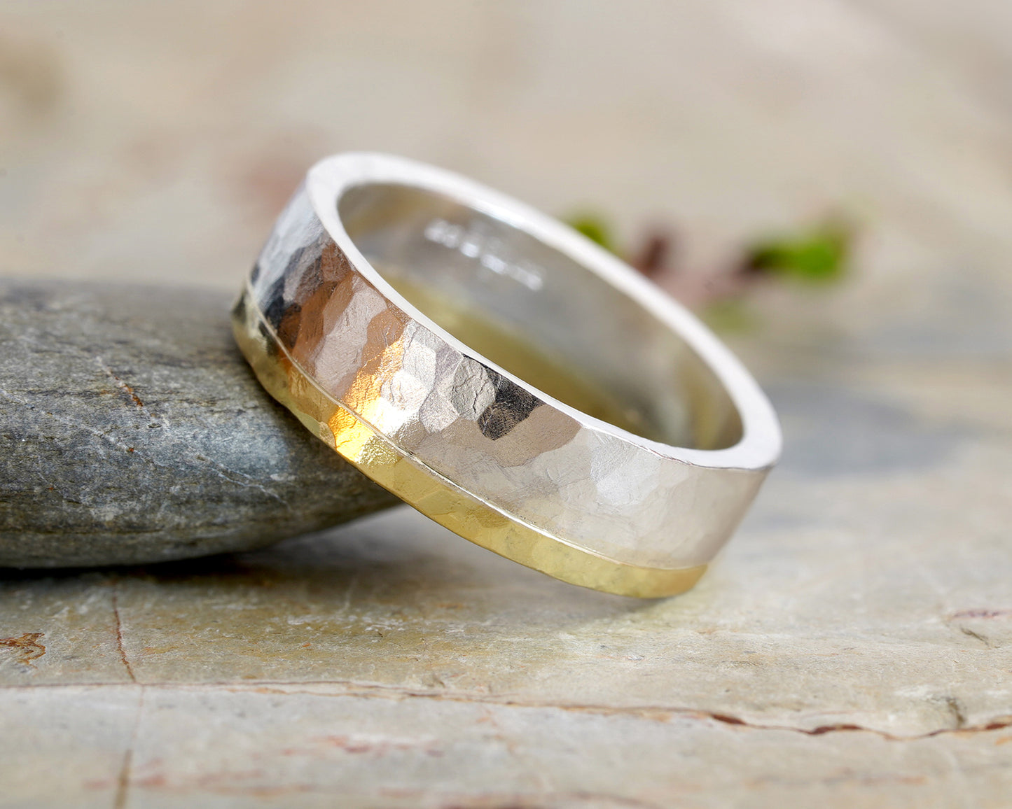 Hammered Effect Wedding Band in 18ct Yellow Gold and Sterling Silver, Mixed Metal Wedding Band,  Rustic Wedding Ring, Unisex Wedding Band