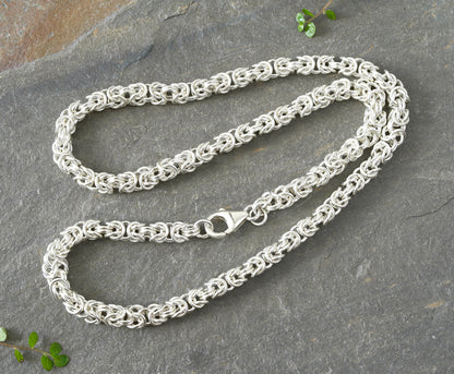 Chunky Byzantine Chain Necklace in Solid Sterling Silver 20 Inches Long