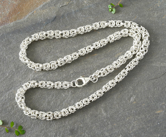 Chunky Byzantine Chain Necklace in Solid Sterling Silver 20 Inches Long