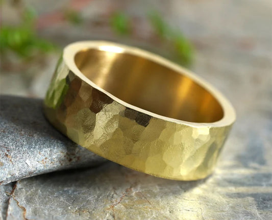 7mm Wide Hammered Effect Wedding Band, Yellow Gold Wedding Ring