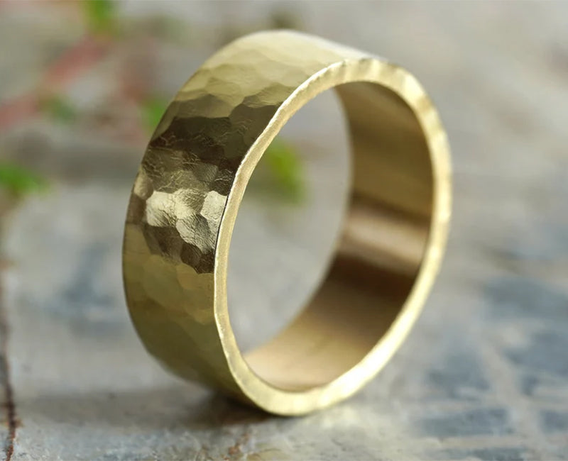7mm Wide Hammered Effect Wedding Band, Yellow Gold Wedding Ring