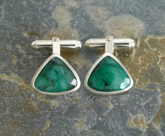 9ct Natural Emerald Cufflinks Set in Solid Sterling Silver