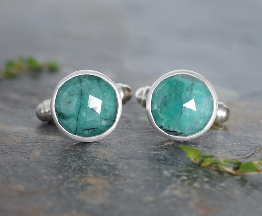 9ct Emerald Cufflink in Sterling Silver