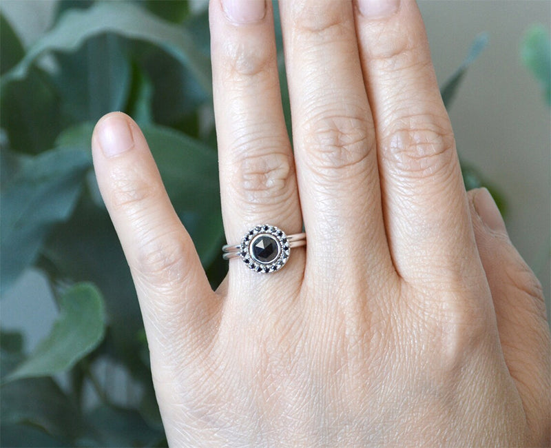 Black Diamond Halo Bridal Set, Interlocking Bridal Rings