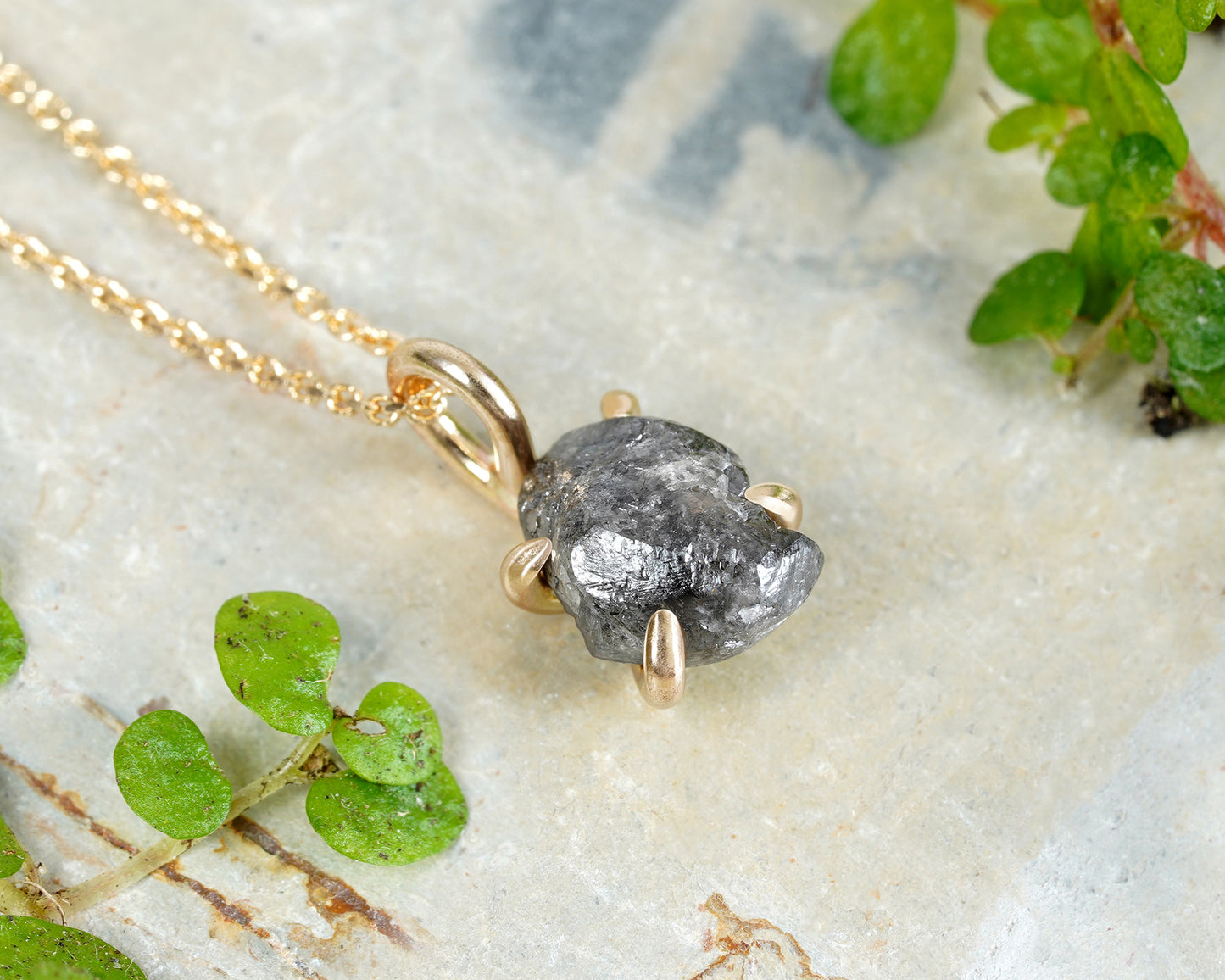 1.5ct Rough Black Diamond Necklace in 14k Yellow Gold