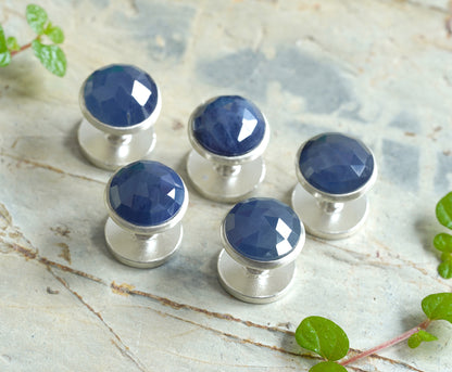 Blue Sapphire Men's Formal Shirt Studs in Solid Sterling Silver, Set of 5