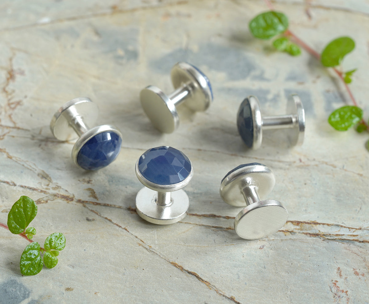 Blue Sapphire Men's Formal Shirt Studs in Solid Sterling Silver, Set of 5