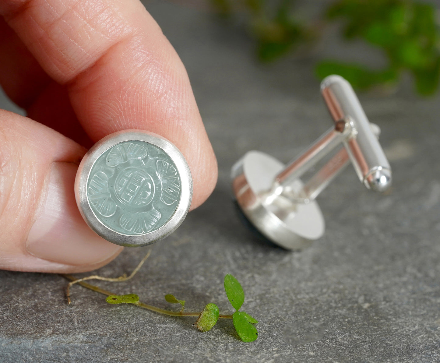 Carved Aquamarine Cufflinks in Solid Sterling Silver