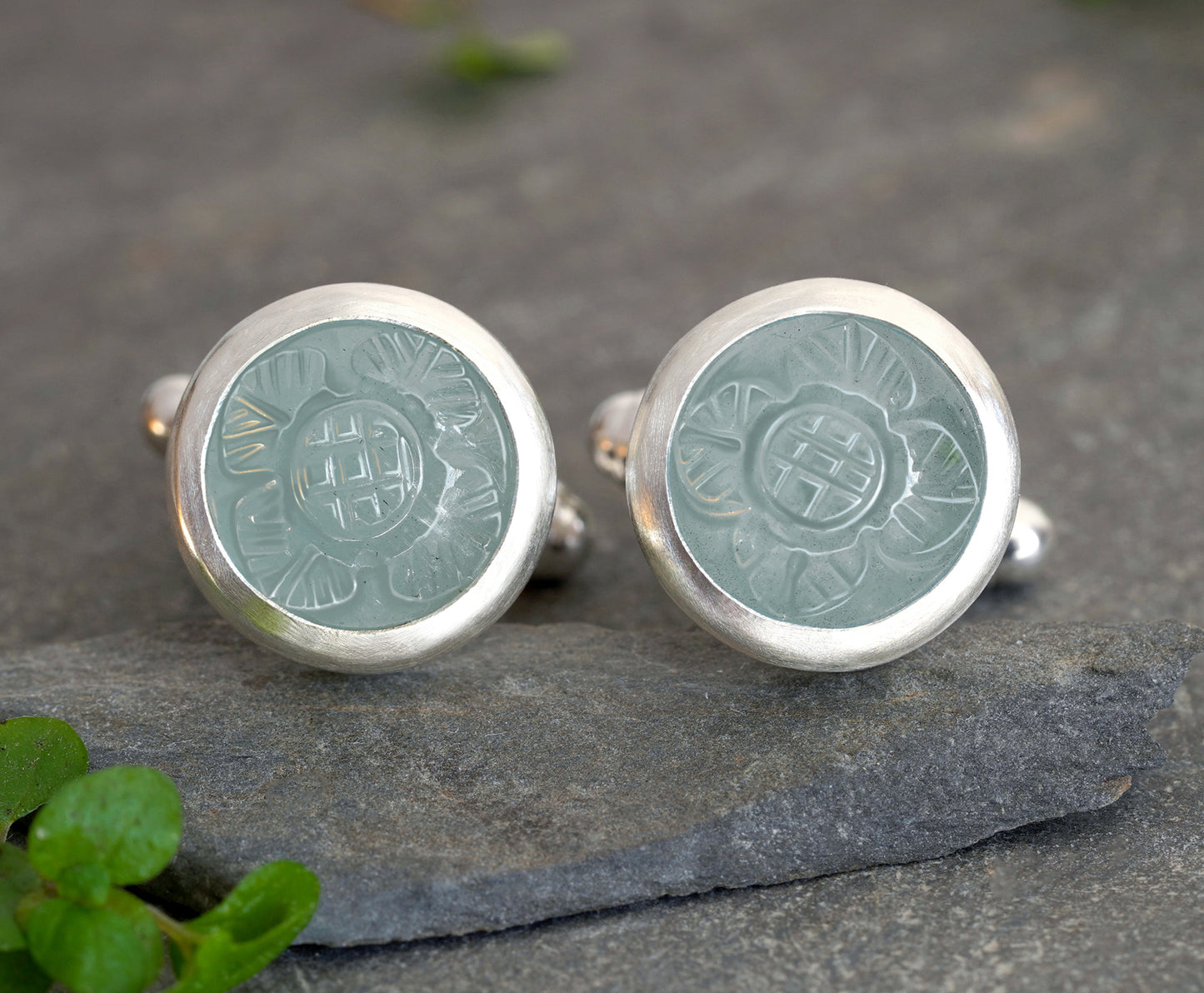 Carved Aquamarine Cufflinks in Solid Sterling Silver