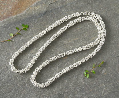 Chunky Byzantine Chain Necklace in Solid Sterling Silver 20 Inches Long