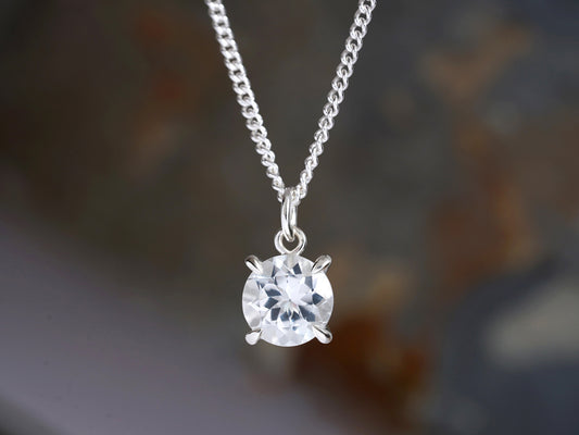 9mm Large Clear Topaz Necklace in Sterling Silver, Prong Set Topaz Necklace