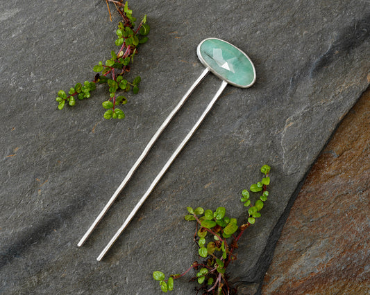 3.5ct Natural Emerald Hair Pin in Solid Sterling Silver
