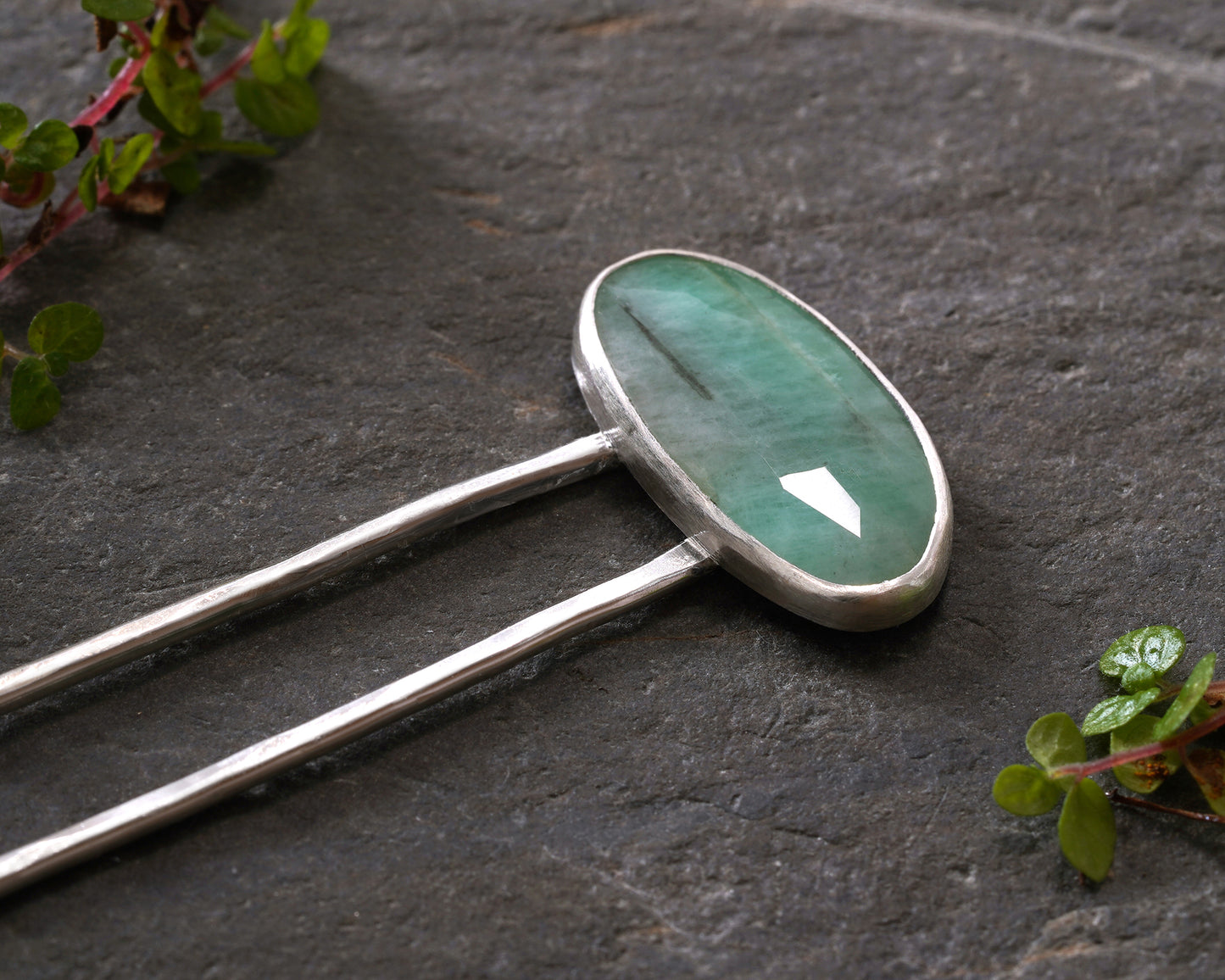 3.5ct Natural Emerald Hair Pin in Solid Sterling Silver