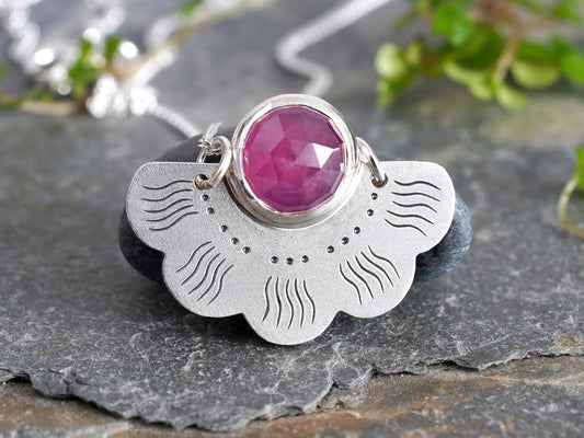 Fan Shape Sapphire Necklace in Sterling Silver, Handmade Sapphire Necklace