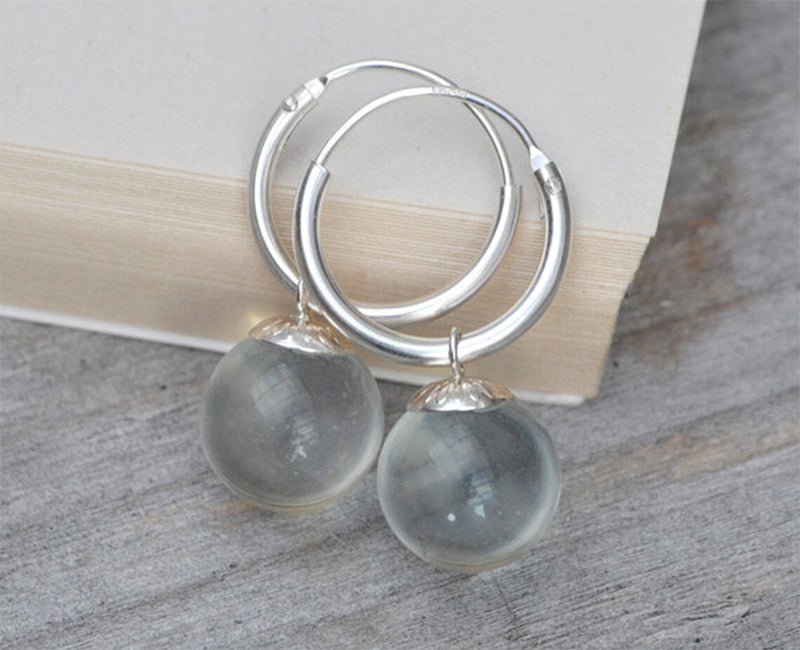 Glass Ball Dangle Earrings with Silver Hoops