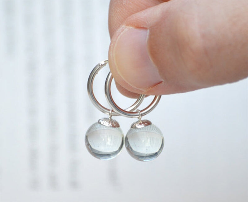 Glass Ball Dangle Earrings with Silver Hoops