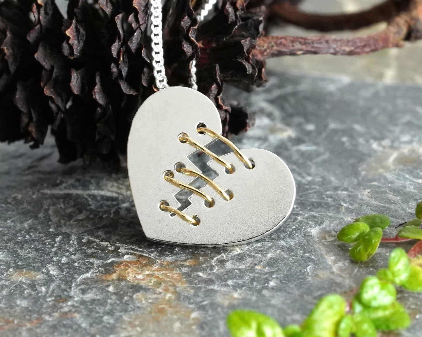 Mended Heart Necklace with Silver Sutures, Stitched Silver Heart Shape Necklace