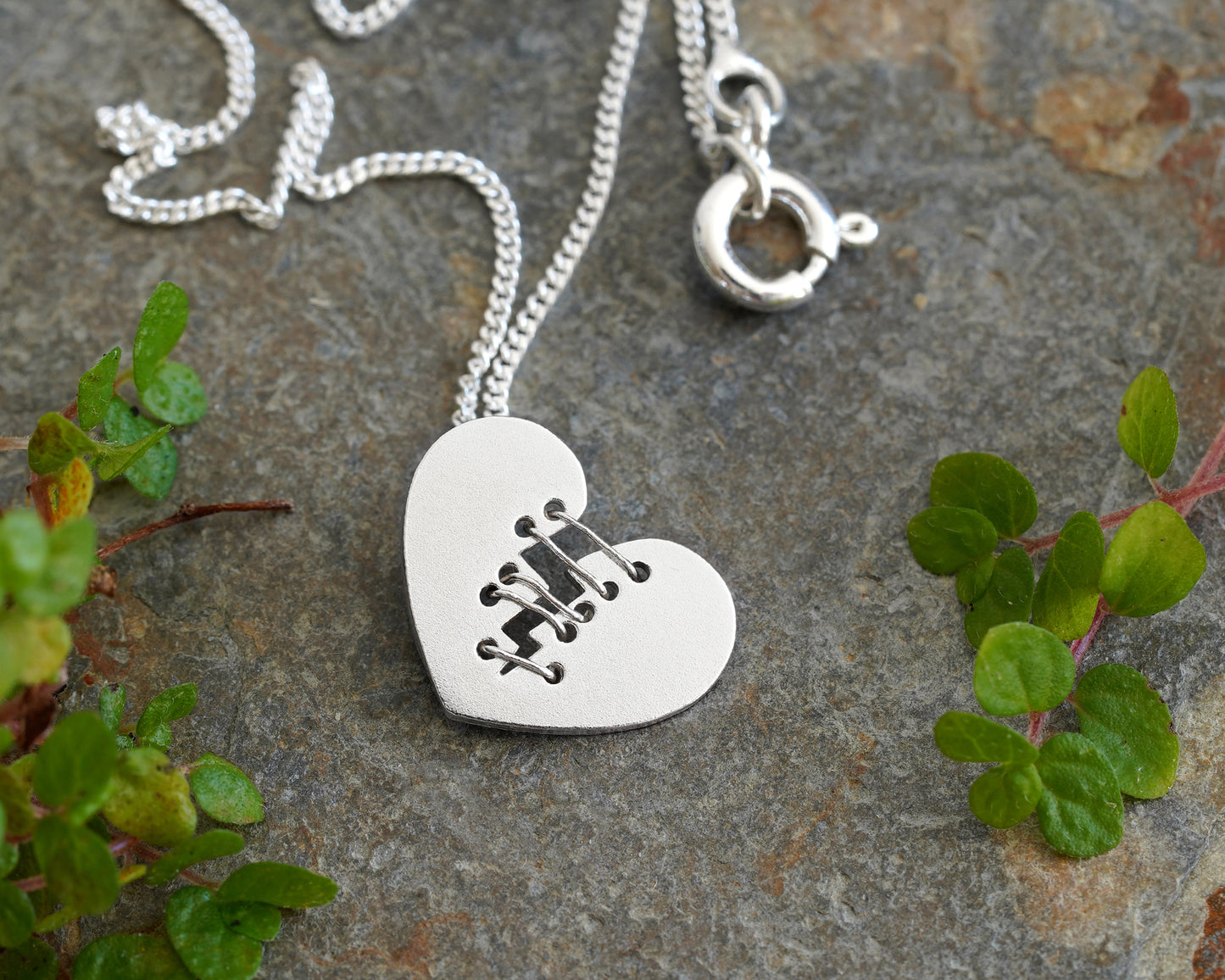 Mended Heart Necklace with Silver Sutures, Stitched Silver Heart Shape Necklace