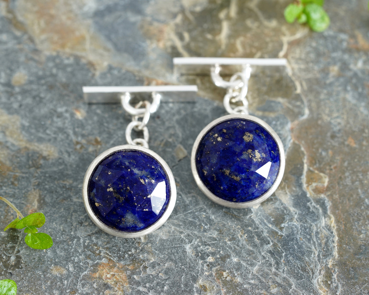 Round Lapis Lazuli Chain Cufflinks in Sterling Silver
