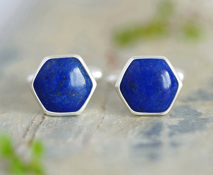 Lapis Lazuli Cufflinks in Sterling Silver, Hexagon Cufflinks in Silver