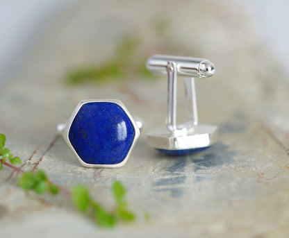 Lapis Lazuli Cufflinks in Sterling Silver, Hexagon Cufflinks in Silver