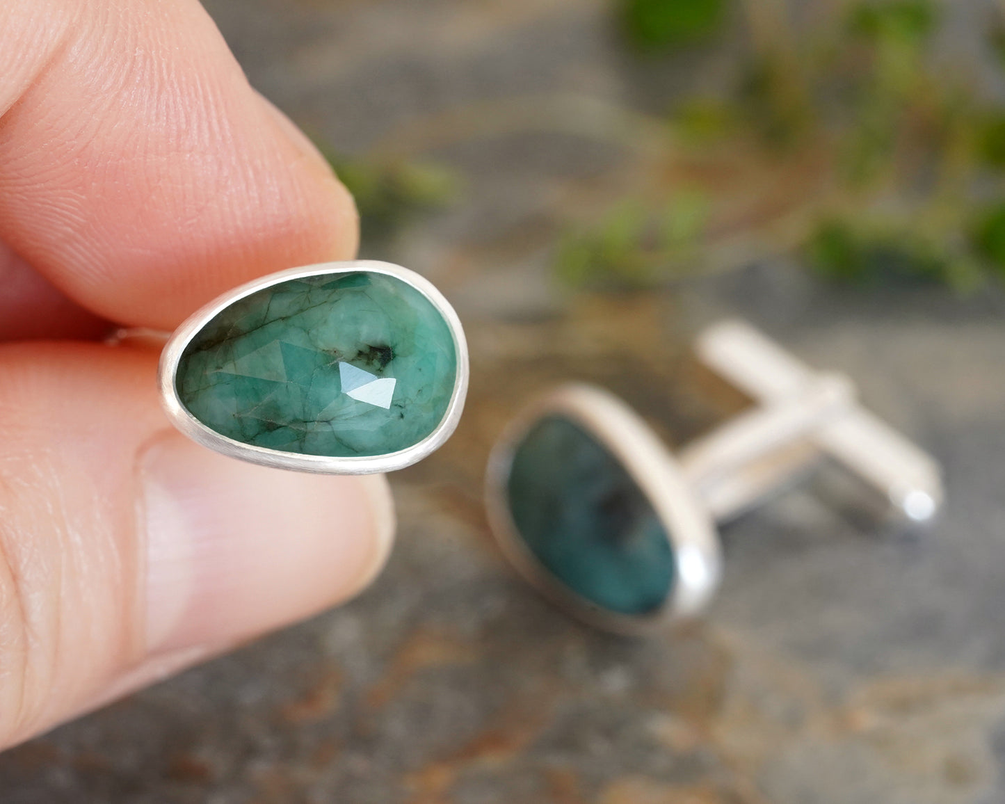 6.15ct Natural Emerald Cufflinks in Sterling Silver