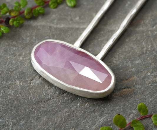 Natural Pink Sapphire Hair Pin in Sterling Silver