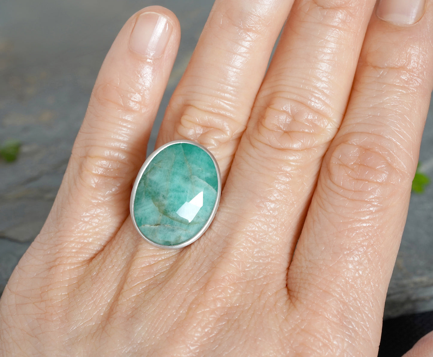 Large Natural Emerald Ring in Sterling Silver