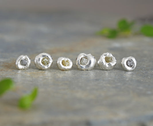 Organic Pebble Stud Earrings with Rough Diamond Cubes