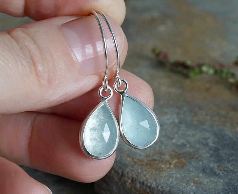 Rose Cut Aquamarine Dangle Earrings in Sterling Silver