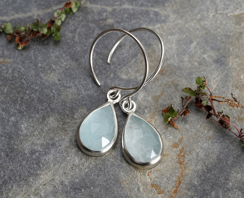 Rose Cut Aquamarine Dangle Earrings in Sterling Silver