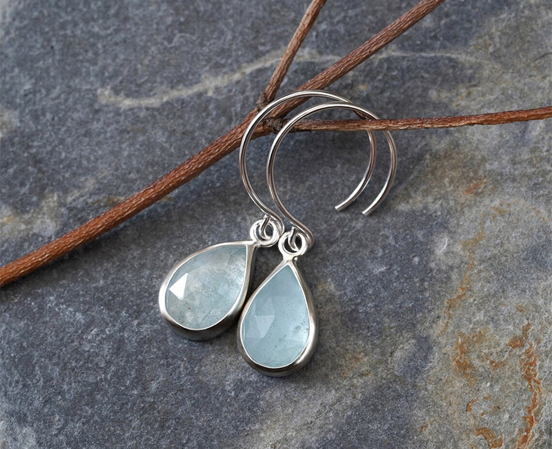 Rose Cut Aquamarine Dangle Earrings in Sterling Silver