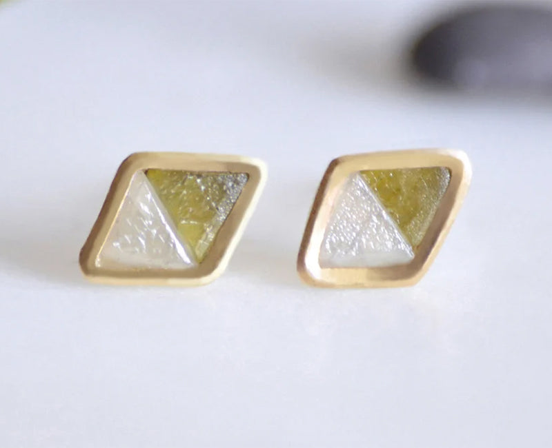 Art Deco Rough Diamond Stud Earrings in 18k Yellow Gold, Rustic Diamond Ear Posts